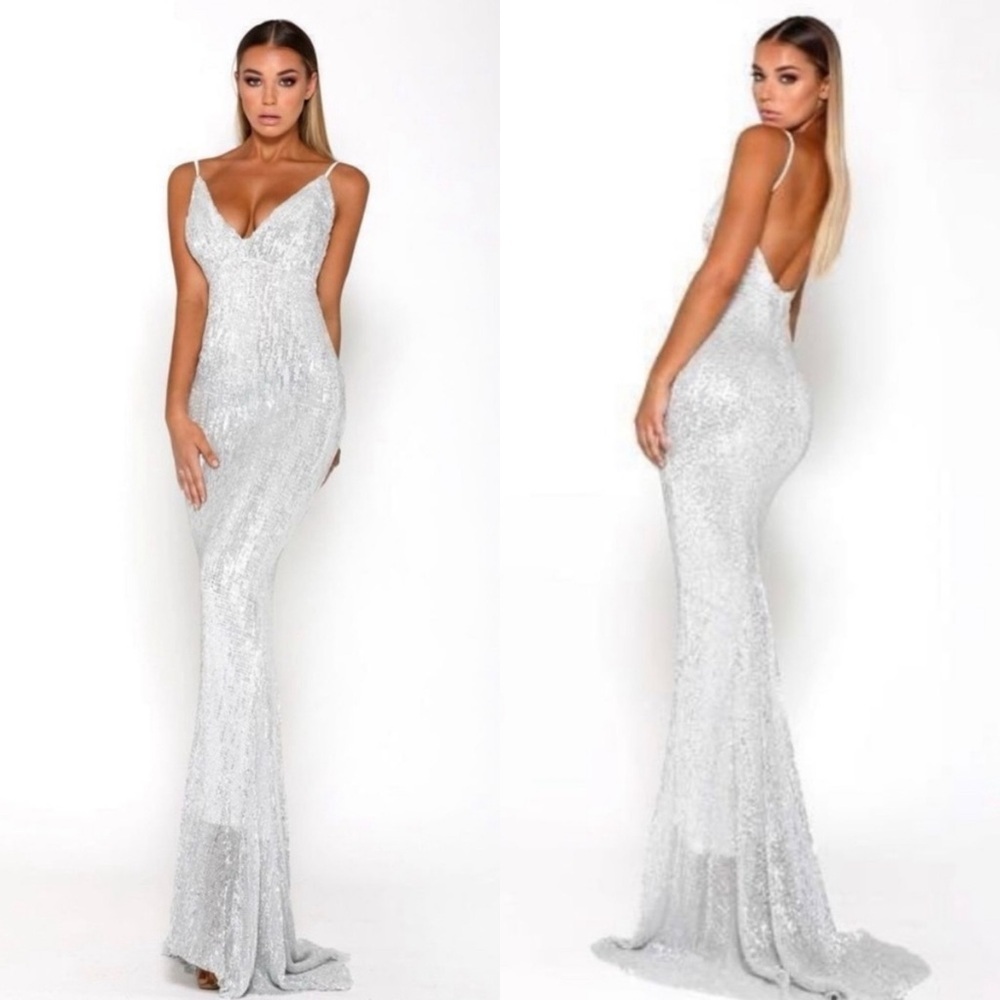 Portia & Scarlett silver maxi train mermaid graduation party dress size 4
